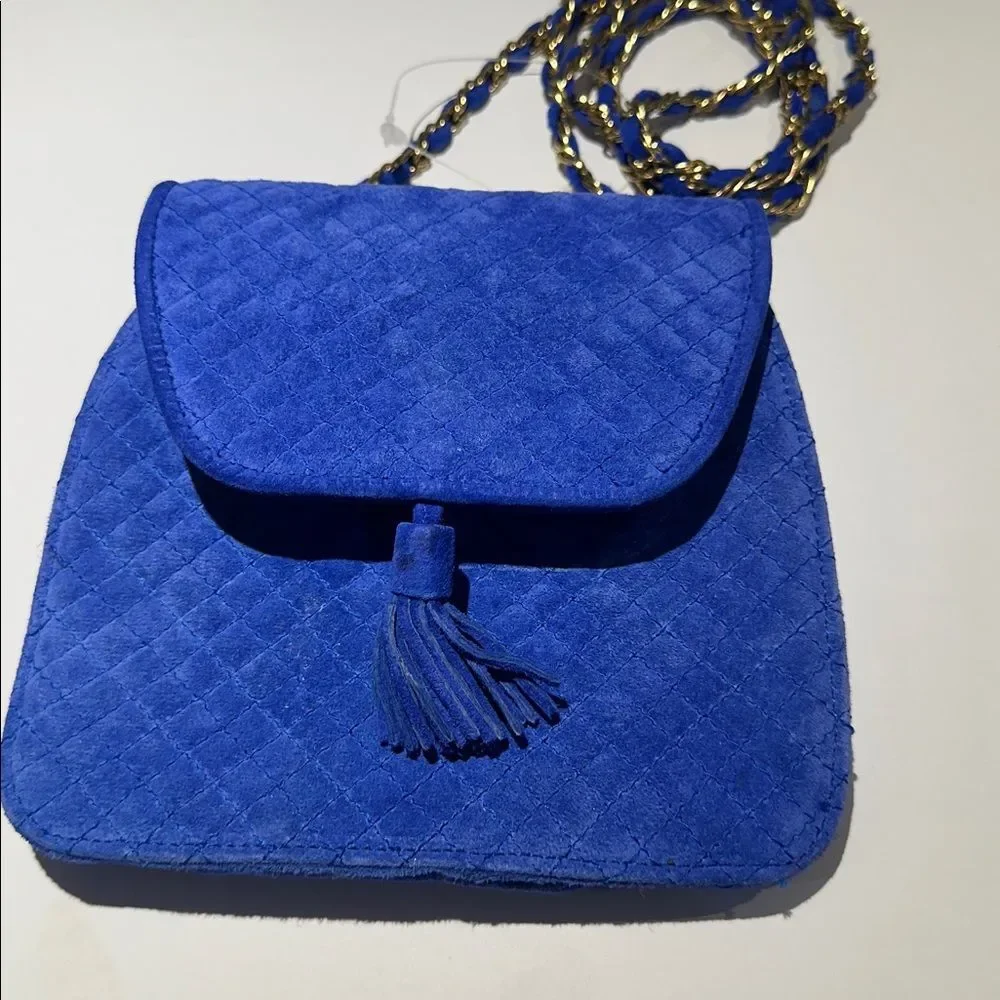 Talbots‎ Blue Suede Quilted Crossbody Bag Gold Chain Strap Tassel Purse